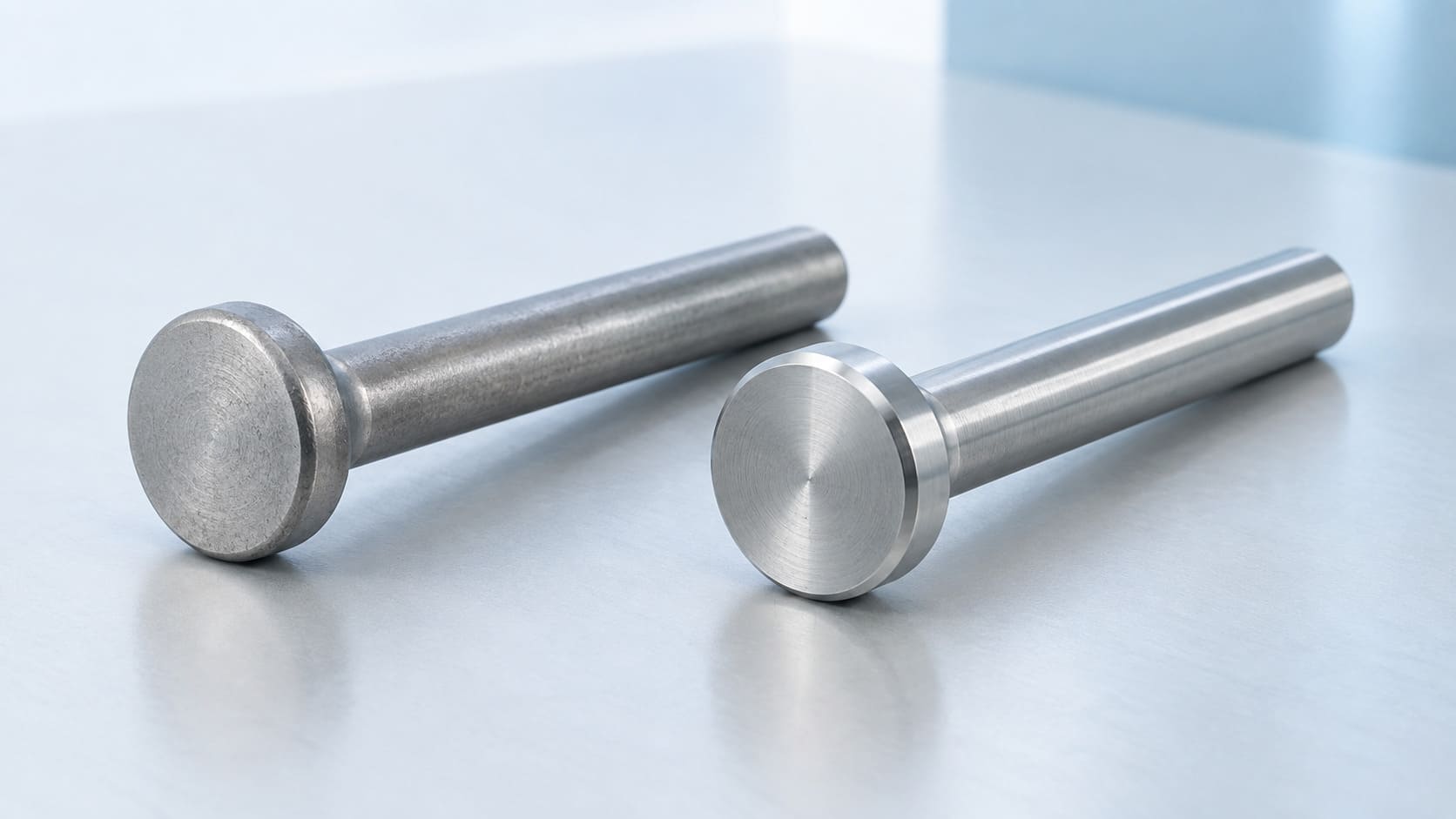 Illustrative near-net headed blank beside a finish-machined steel pin.
