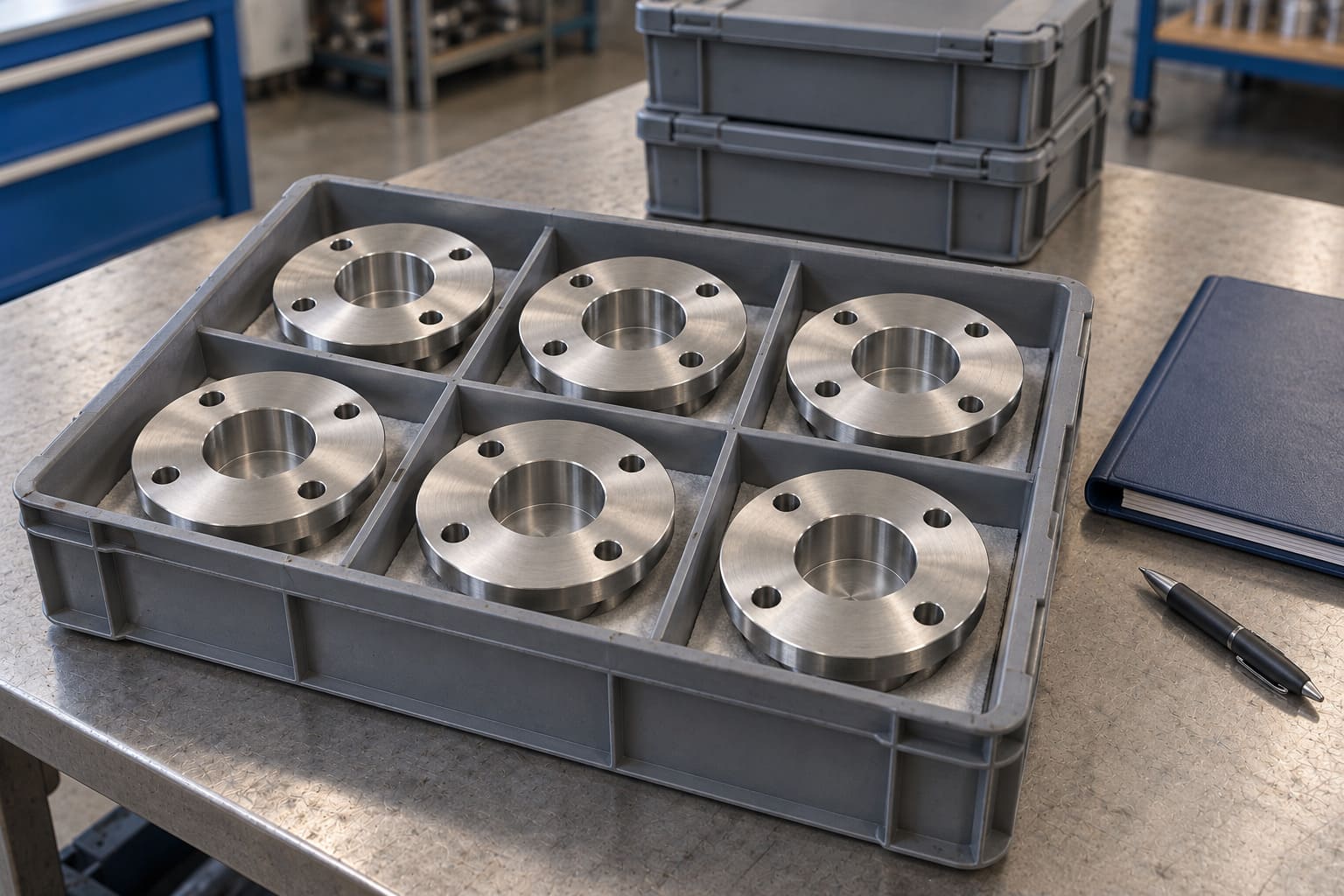 AI-generated illustration of six matching flanged end covers separated in a divided industrial tote on a workbench, with closed totes, a folder and a pen nearby. Each cover has a central blind recess and four plain fixing holes.
