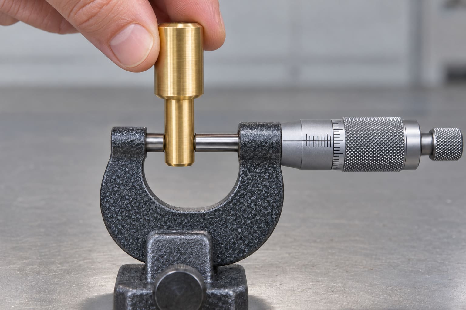 AI-generated illustration of an outside micrometer contacting opposite sides of the same smooth cylindrical section of a solid brass stepped shaft, perpendicular to the shaft axis.