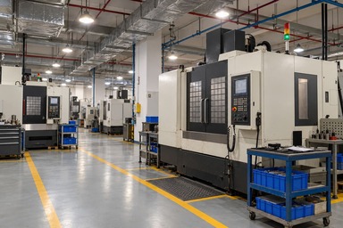 AI-generated illustration based on supplied workshop references, showing enclosed off-white machining centres, a yellow-marked grey aisle, blue totes, white columns and silver overhead ducts.