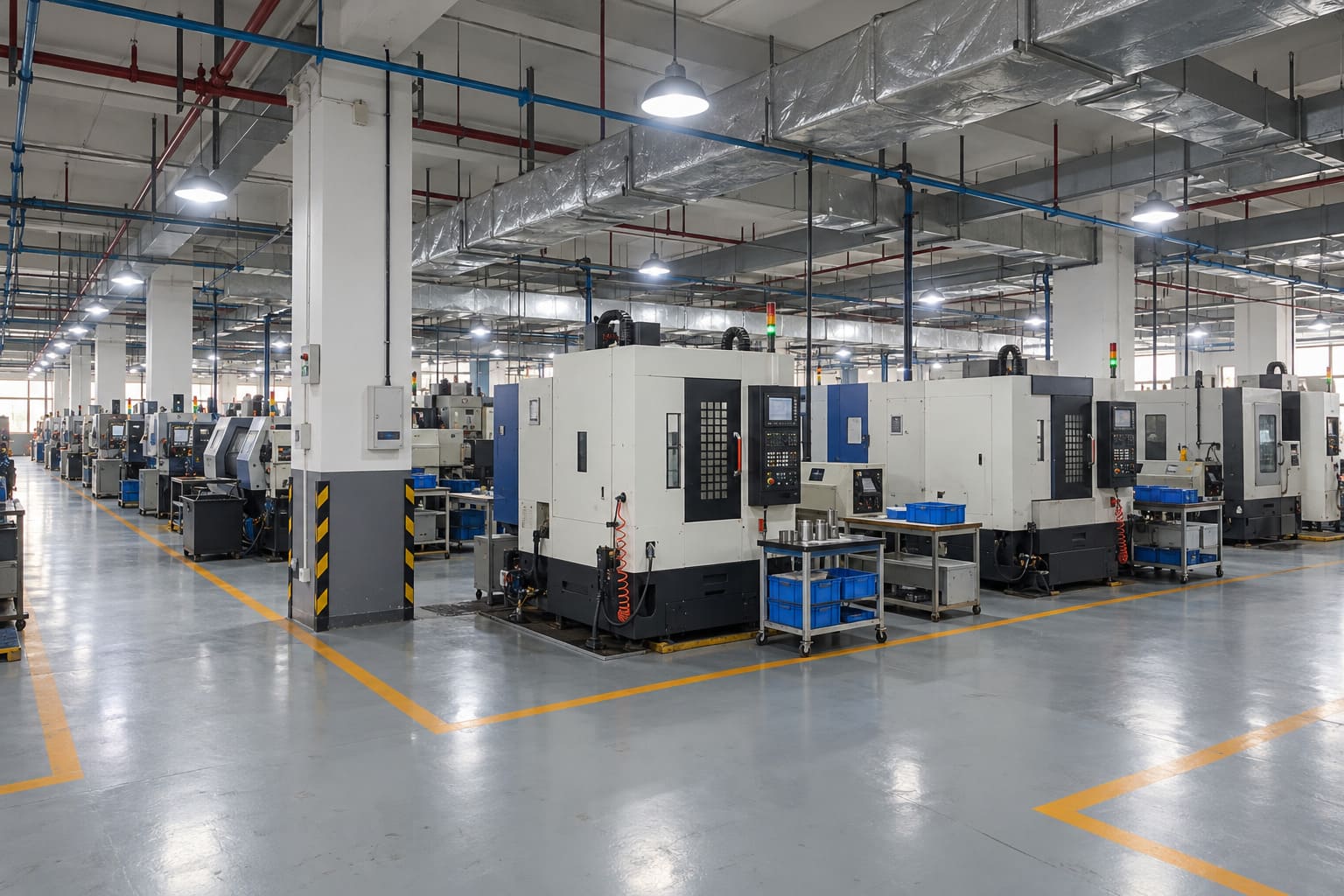 AI-generated illustration based on supplied workshop references, showing a new view across a yellow-marked aisle towards enclosed machining equipment, white columns and silver overhead ducts.