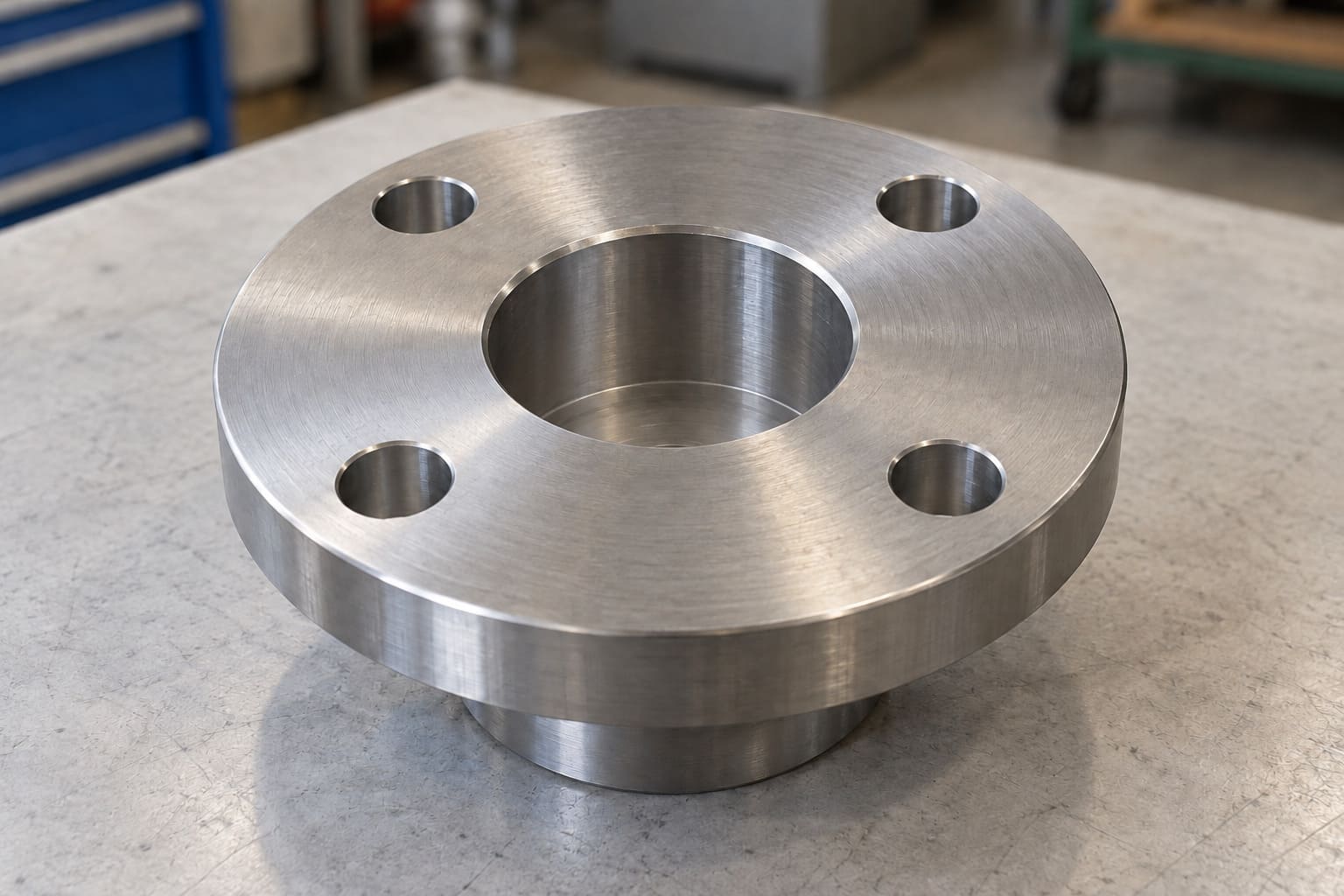 AI-generated illustration of a silver-grey machined flanged end cover with a central blind recess, four plain bolt clearance holes and a short hub beneath the flange, resting on a workshop bench.